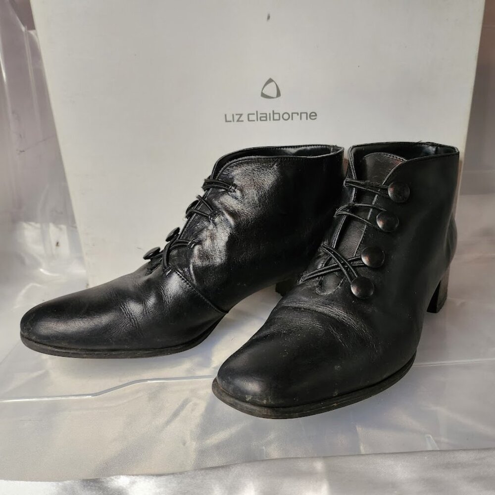 Vintage LIZ CLAIBORNE Eleanor 2 Black Madras Booties - 6.5M 1.5 inch Heels